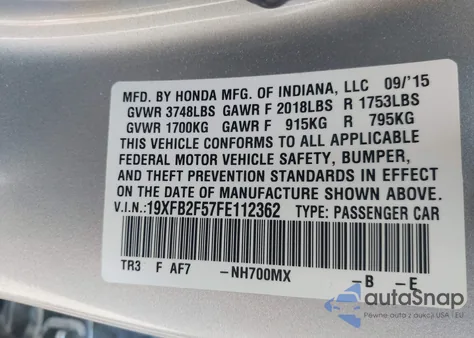 2015 Honda Civic Lx из США, поврежденный, VIN 19XFB2F57FE112362